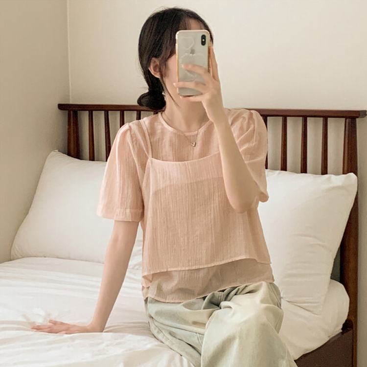 【SET】シフォンビスチェ 半袖ブラウス(5color) PINK