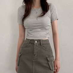 半袖Tシャツ ストライプスリムシャーリング半袖Tシャツ GREY
