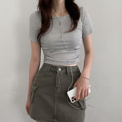半袖Tシャツ ストライプスリムシャーリング半袖Tシャツ GREY
