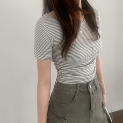 半袖Tシャツ ストライプスリムシャーリング半袖Tシャツ GREY