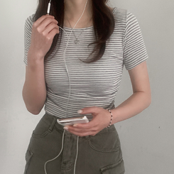 半袖Tシャツ ストライプスリムシャーリング半袖Tシャツ GREY