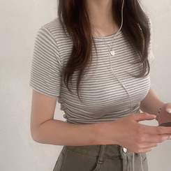 半袖Tシャツ ストライプスリムシャーリング半袖Tシャツ GREY