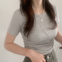 半袖Tシャツ ストライプスリムシャーリング半袖Tシャツ GREY