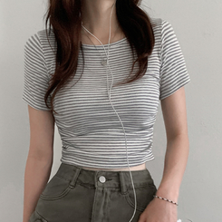 半袖Tシャツ ストライプスリムシャーリング半袖Tシャツ GREY