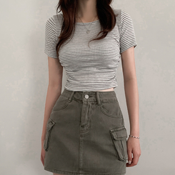 半袖Tシャツ ストライプスリムシャーリング半袖Tシャツ GREY