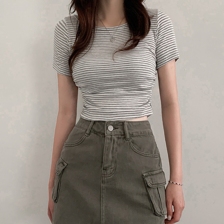 ストライプスリムシャーリング半袖Tシャツ GREY