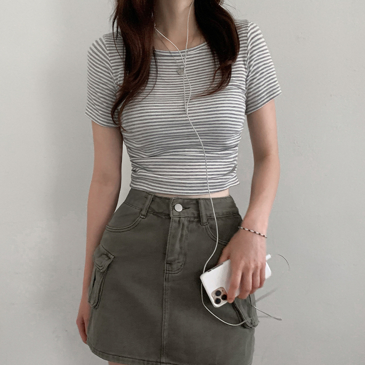 ストライプスリムシャーリング半袖Tシャツ GREY