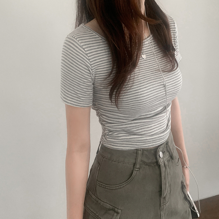 ストライプスリムシャーリング半袖Tシャツ GREY