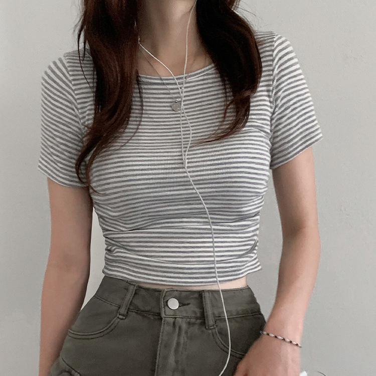 ストライプスリムシャーリング半袖Tシャツ GREY