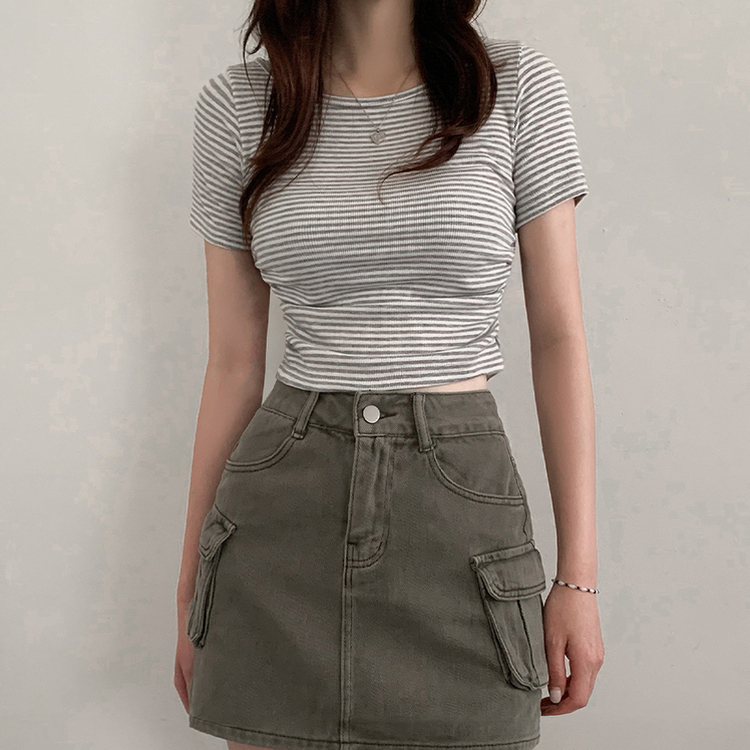ストライプスリムシャーリング半袖Tシャツ GREY