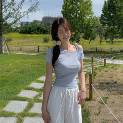 半袖Tシャツ アンバランスオフショルダーリボン半袖Tシャツ SKYBLUE