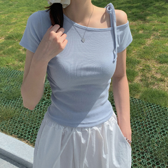半袖Tシャツ アンバランスオフショルダーリボン半袖Tシャツ SKYBLUE