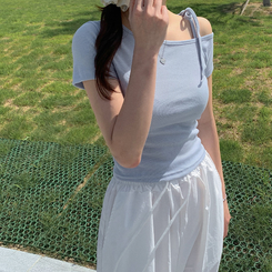 半袖Tシャツ アンバランスオフショルダーリボン半袖Tシャツ SKYBLUE