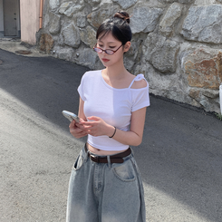 半袖Tシャツ アンバランスオフショルダーリボン半袖Tシャツ IVORY