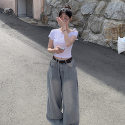 半袖Tシャツ アンバランスオフショルダーリボン半袖Tシャツ IVORY