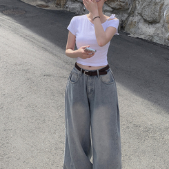 半袖Tシャツ アンバランスオフショルダーリボン半袖Tシャツ IVORY