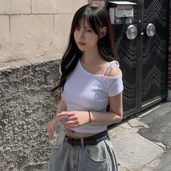 半袖Tシャツ アンバランスオフショルダーリボン半袖Tシャツ IVORY