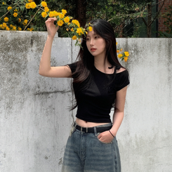 半袖Tシャツ アンバランスオフショルダーリボン半袖Tシャツ BLACK