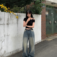 半袖Tシャツ アンバランスオフショルダーリボン半袖Tシャツ BLACK