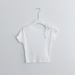 半袖Tシャツ アンバランスオフショルダーリボン半袖Tシャツ