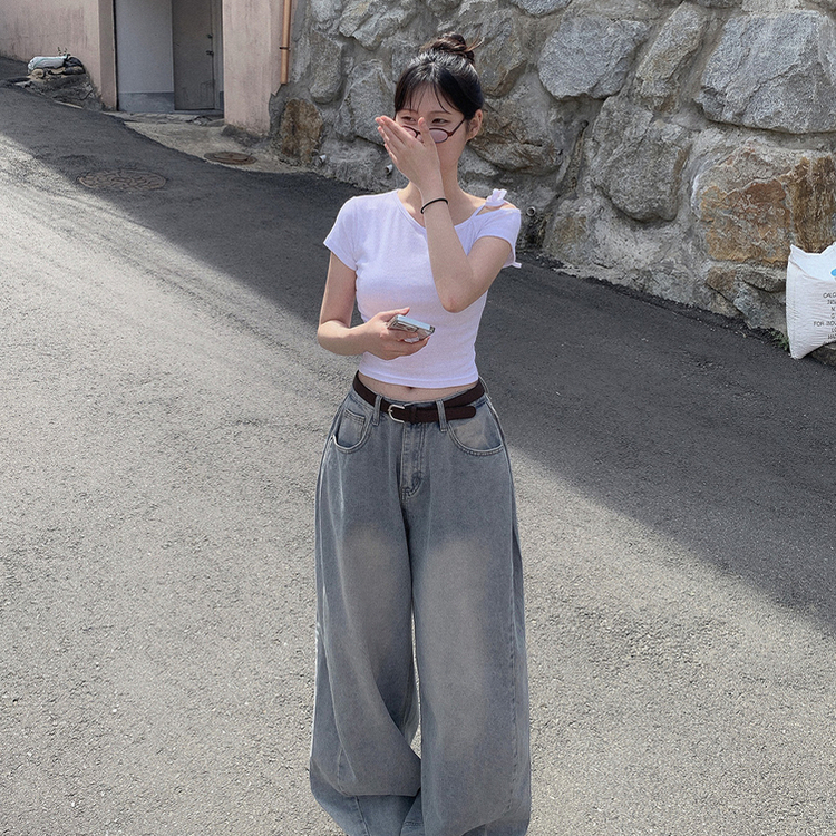 アンバランスオフショルダーリボン半袖Tシャツ IVORY