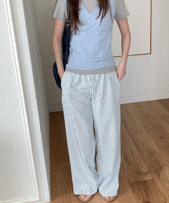 コットンパンツ ストライプバンディングパンツ BLUE