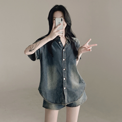 ツーピース 【SET】ウォッシング半袖シャツ ショートパンツ DEEP DENIM
