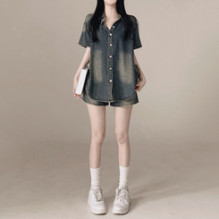 ツーピース 【SET】ウォッシング半袖シャツ ショートパンツ DEEP DENIM
