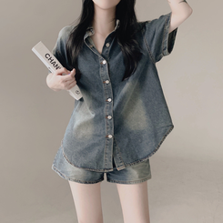 ツーピース 【SET】ウォッシング半袖シャツ ショートパンツ DEEP DENIM