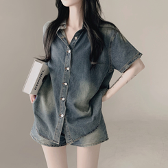 ツーピース 【SET】ウォッシング半袖シャツ ショートパンツ DEEP DENIM