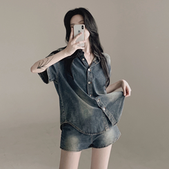 ツーピース 【SET】ウォッシング半袖シャツ ショートパンツ DEEP DENIM