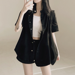 ツーピース 【SET】ウォッシング半袖シャツ ショートパンツ BLACK DENIM