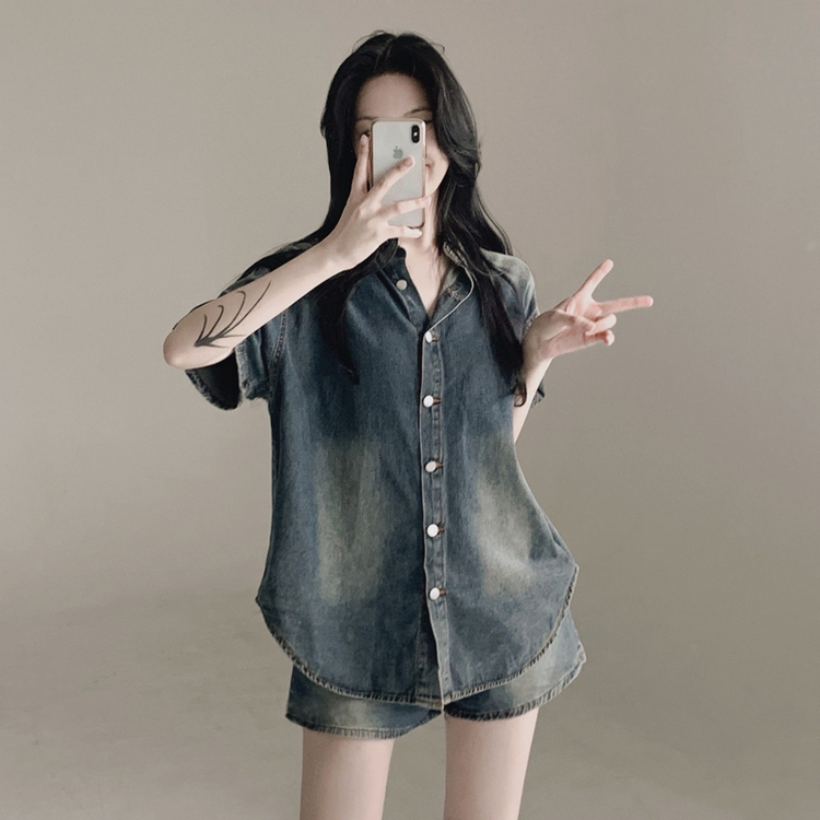 【SET】ウォッシング半袖シャツ ショートパンツ DEEP DENIM