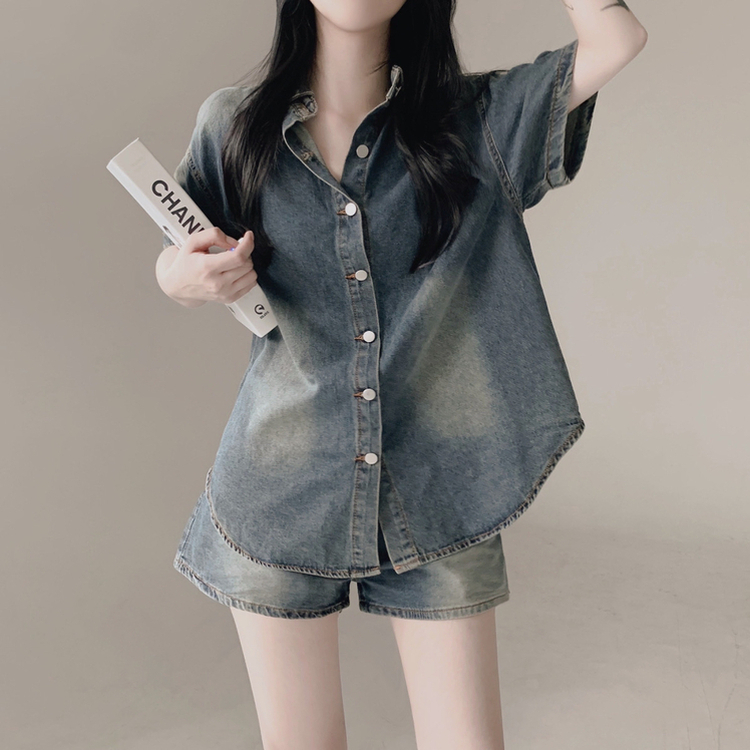【SET】ウォッシング半袖シャツ ショートパンツ DEEP DENIM