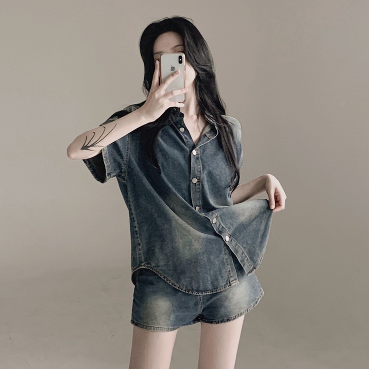 【SET】ウォッシング半袖シャツ ショートパンツ DEEP DENIM