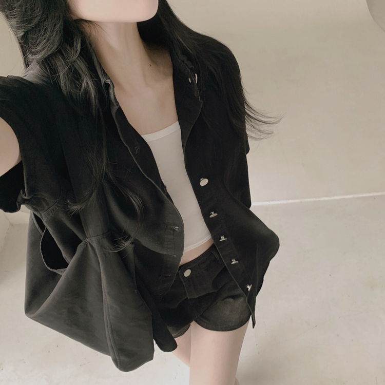 【SET】ウォッシング半袖シャツ ショートパンツ BLACK DENIM