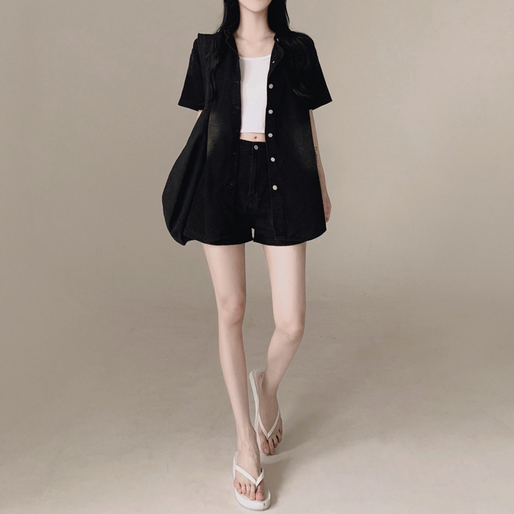 【SET】ウォッシング半袖シャツ ショートパンツ BLACK DENIM