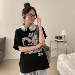 半袖Tシャツ レタリングルーズ半袖Tシャツ BLACK