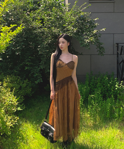 ロングワンピース ボヘミアンアンバランスワンピース BROWN