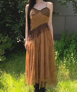ロングワンピース ボヘミアンアンバランスワンピース BROWN
