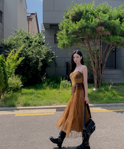 ロングワンピース ボヘミアンアンバランスワンピース BROWN
