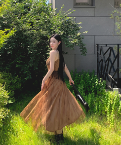 ロングワンピース ボヘミアンアンバランスワンピース BROWN