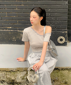 アンバランスストライプ半袖Tシャツ GREY