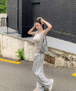 アンバランスストライプ半袖Tシャツ GREY
