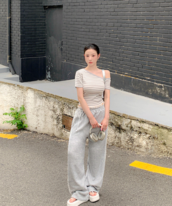アンバランスストライプ半袖Tシャツ GREY