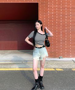 アンバランスストライプ半袖Tシャツ BLACK