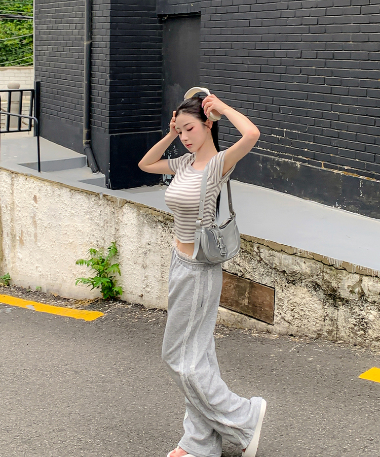 アンバランスストライプ半袖Tシャツ GREY