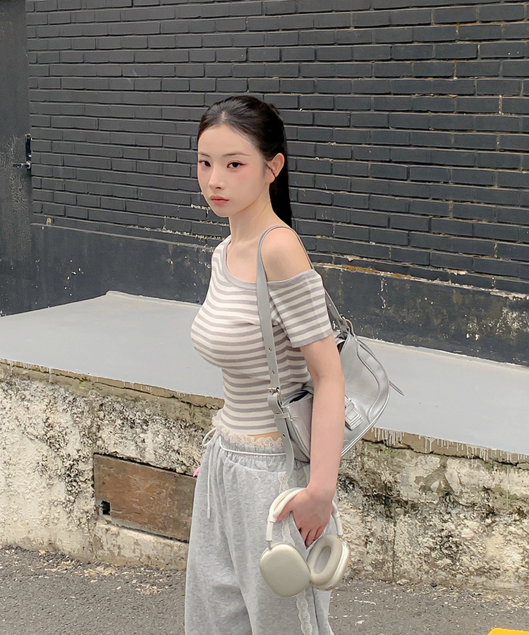 アンバランスストライプ半袖Tシャツ GREY