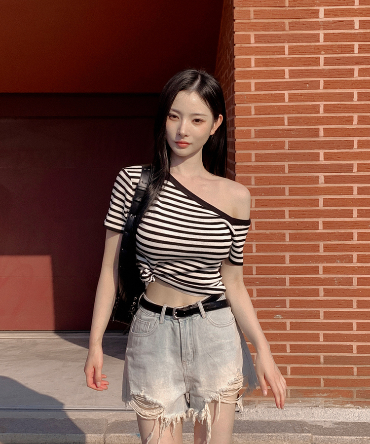 アンバランスストライプ半袖Tシャツ BLACK