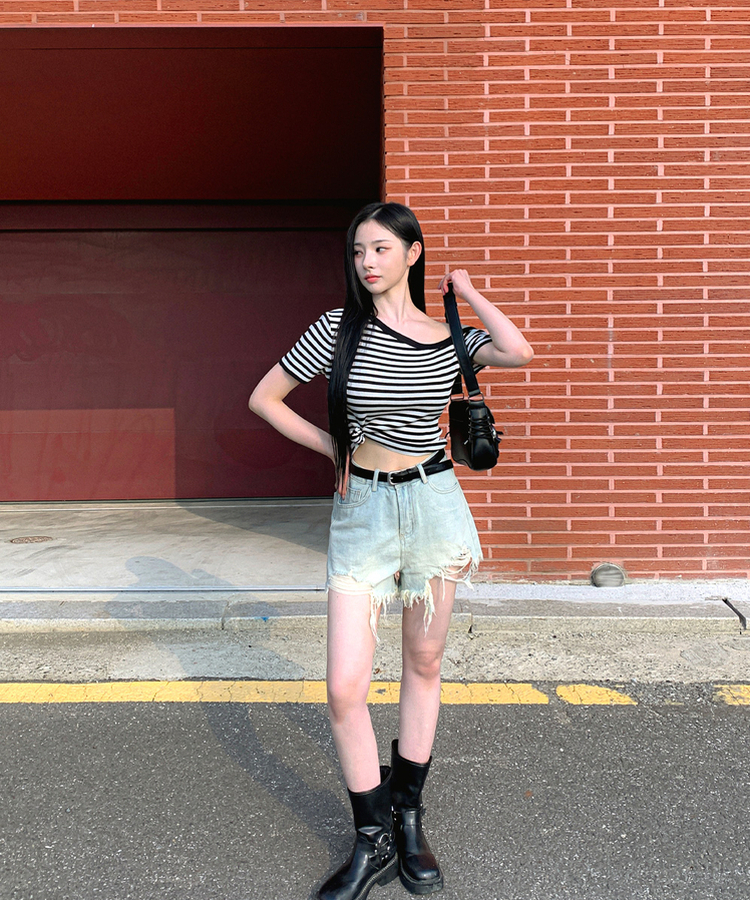 アンバランスストライプ半袖Tシャツ BLACK